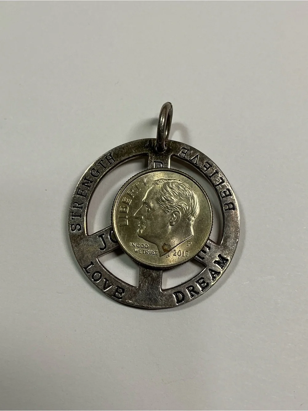 Sterling Silver Peace Sign Pendant W/ Inspirational Words. 1.25” diameter